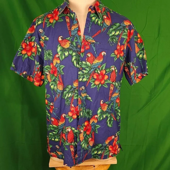 High Seas Trading Co Parrot Print Short Sleeve Button Down Hawaiian Shirt Medium - Picture 1 of 4